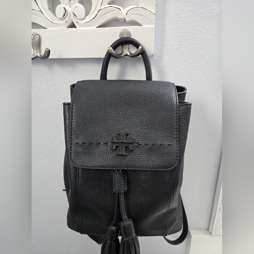 Tory Burch Mcgraw Black Leather Backpack with Tassel - Picture 4 of 16